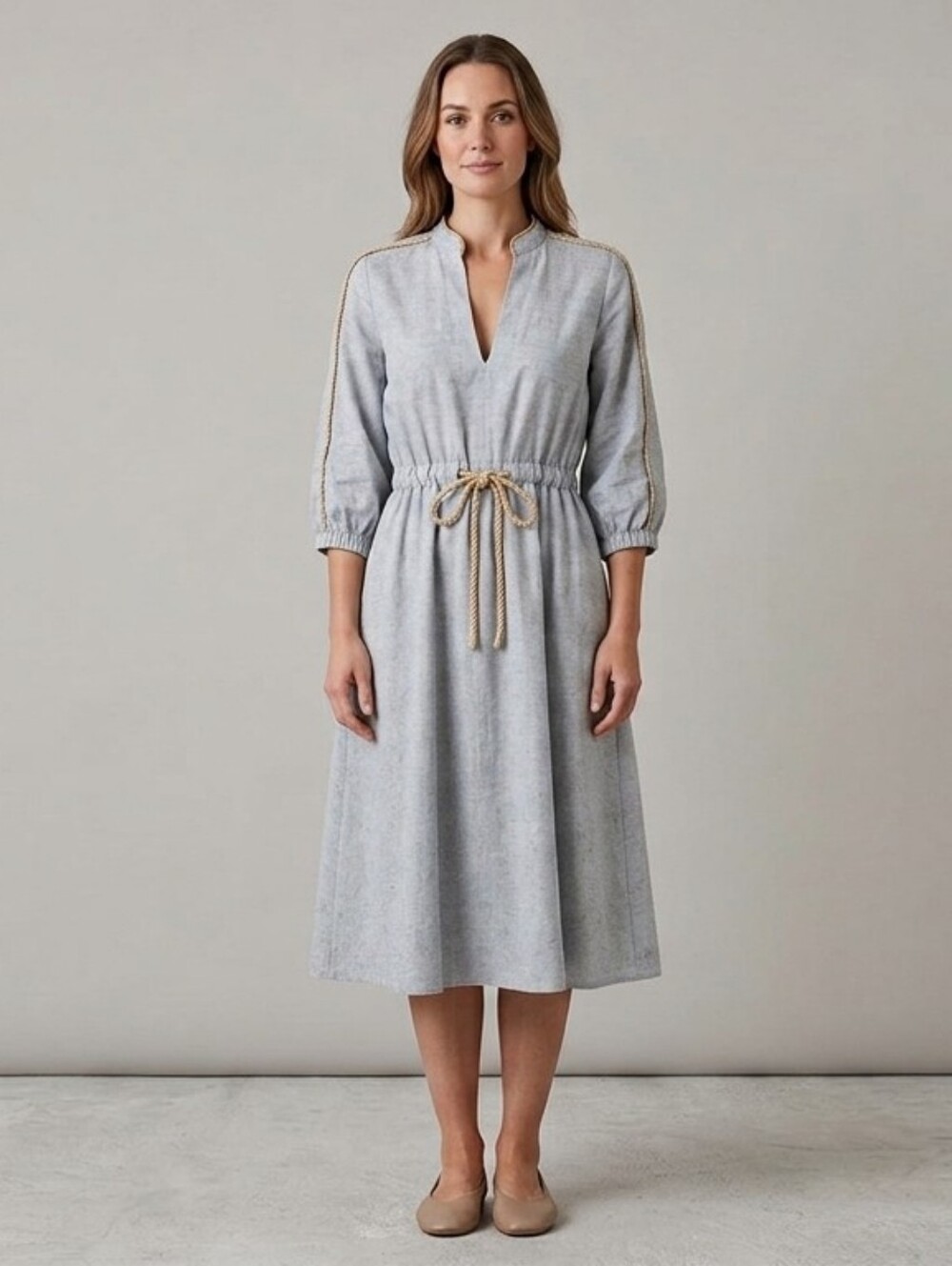Vintage David Warrwn Light Blue Drawstring Waist Midi Dress